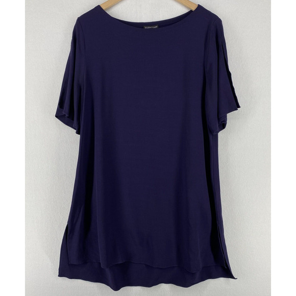 Eileen Fisher Tops - EILEEN FISHER Tunic L Tencel Viscose Crepe Top Boat Neck Slit Sleeve Blue